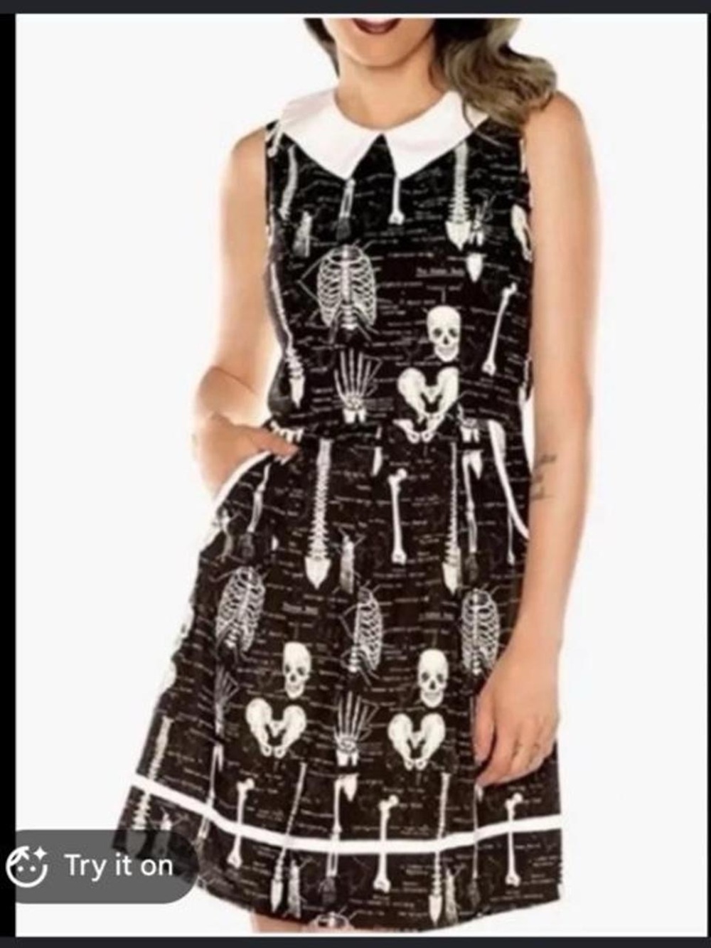 Vintage Y2K Folter black skeleton print body part print dress with Peter Pan col